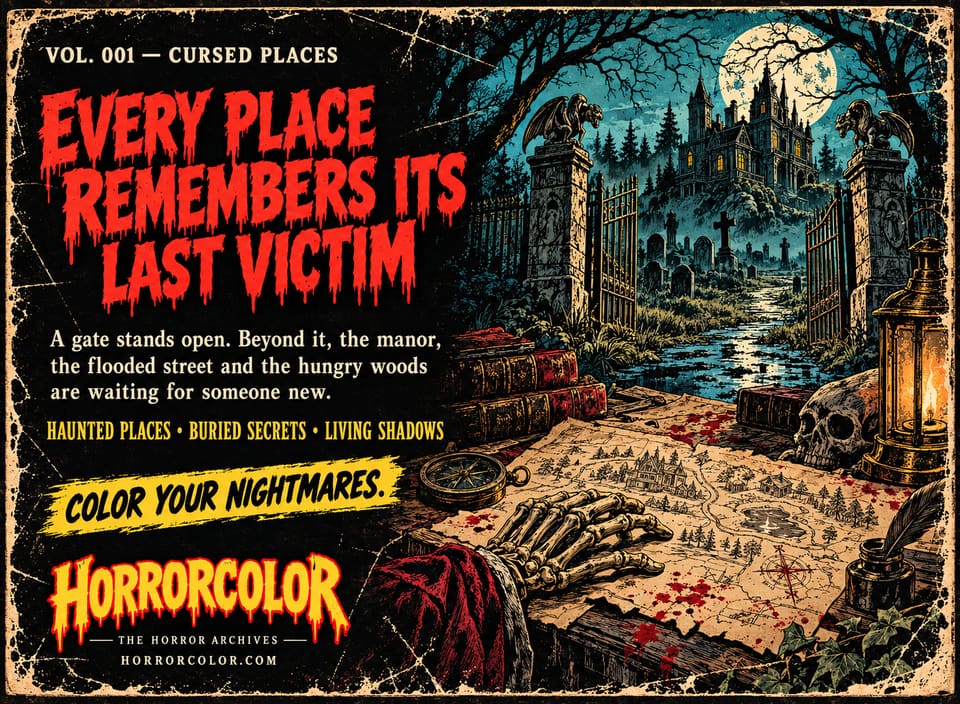 Back cover of Vol. 001, Cursed Places. Red dripping headline: "Every place remembers its last victim." Text: "A gate stands open. Beyond it, the manor, the flooded street and the hungry woods are waiting for someone new." Taglines: haunted places, buried secrets, living shadows; "Color your nightmares." Artwork: an open cemetery gate with gargoyles leading to a moonlit mansion, and a skeletal hand resting on a blood-spattered hand-drawn map beside a skull, lantern and compass.