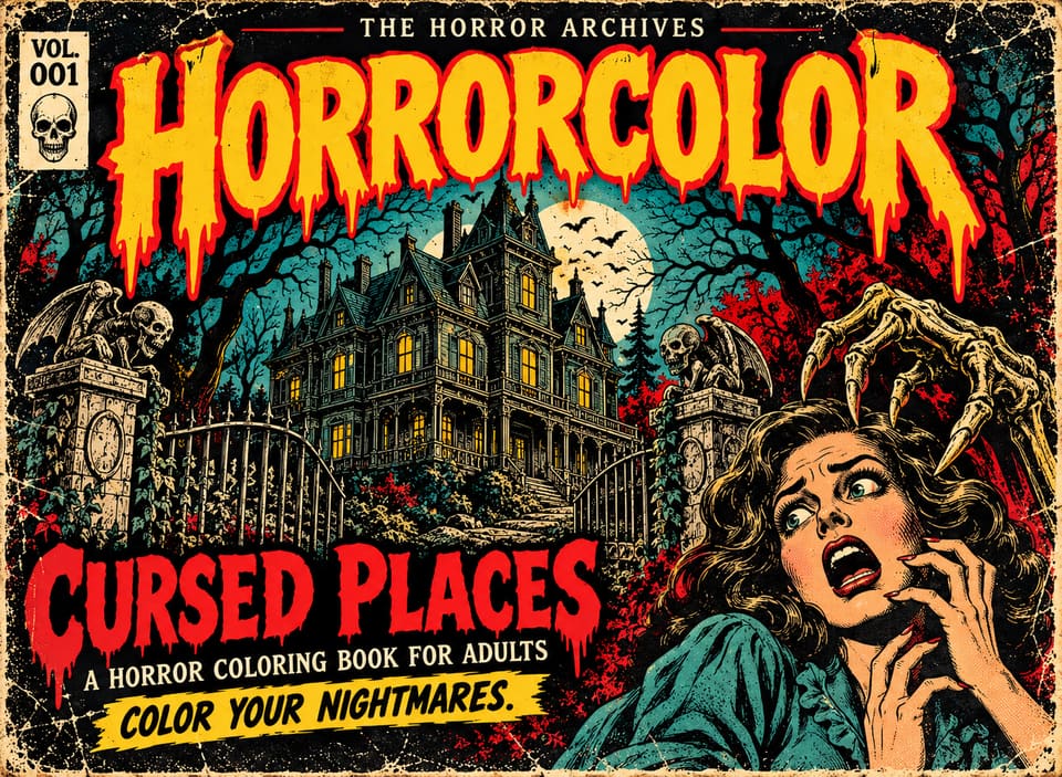 Front cover of THE HORROR ARCHIVES Vol. 001, Cursed Places: a Victorian mansion under a full moon behind an iron gate flanked by gargoyle pillars, while a skeletal clawed hand reaches toward a screaming woman in the foreground. Dripping yellow HORRORCOLOR logo, red title lettering.