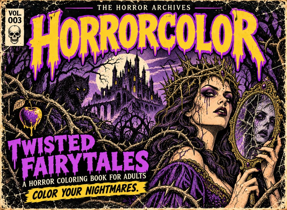 Front cover of THE HORROR ARCHIVES Vol. 003, Twisted Fairytales: a pale queen in a crown of thorns holds an ornate hand mirror showing a ghostly face, with a wolf, a poisoned apple and a dark castle among thorny branches behind her. Purple title lettering.
