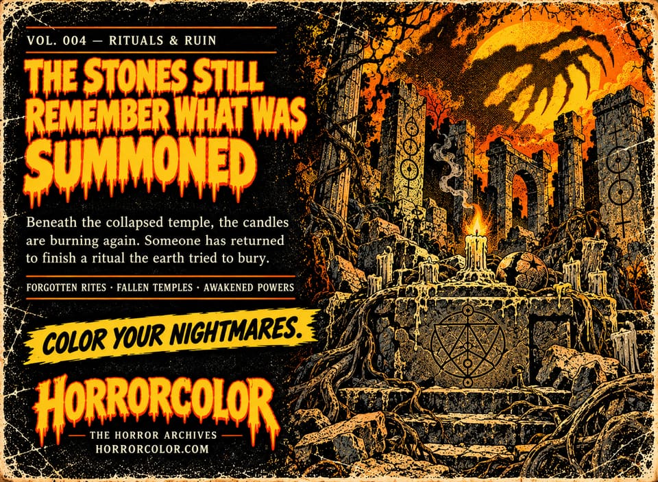 Back cover of Vol. 004, Rituals & Ruin. Orange dripping headline: "The stones still remember what was summoned." Text: "Beneath the collapsed temple, the candles are burning again. Someone has returned to finish a ritual the earth tried to bury." Taglines: forgotten rites, fallen temples, awakened powers. Artwork: a ruined temple with symbol-carved pillars, a candle-covered stone altar marked with a pentagram circle, and a giant clawed shadow against a burning orange sky.