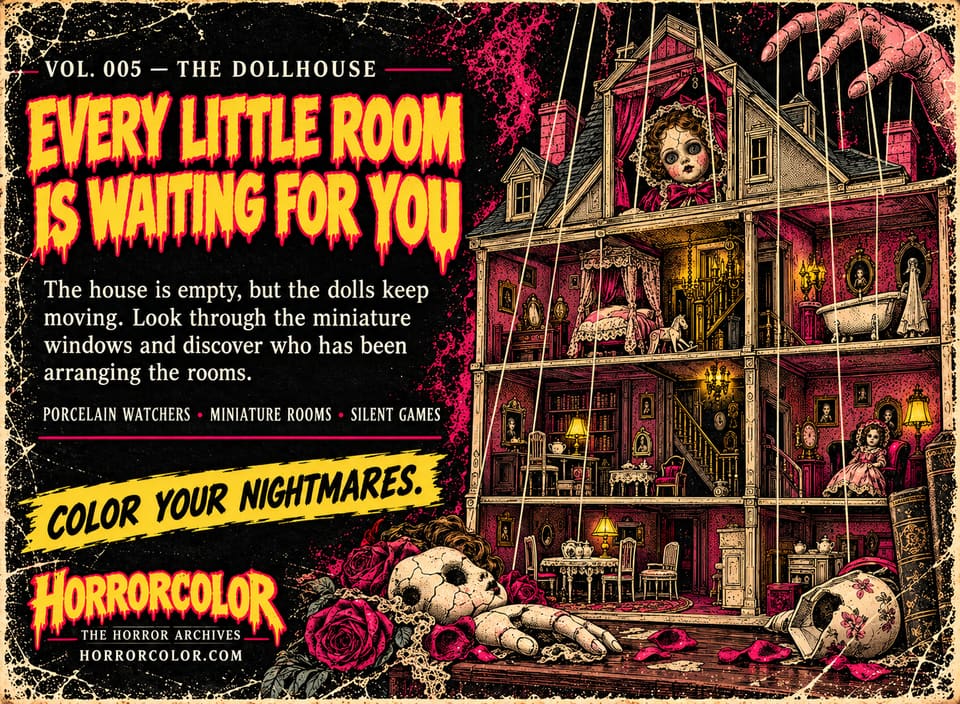 Back cover of Vol. 005, The Dollhouse. Yellow dripping headline: "Every little room is waiting for you." Text: "The house is empty, but the dolls keep moving. Look through the miniature windows and discover who has been arranging the rooms." Taglines: porcelain watchers, miniature rooms, silent games. Artwork: an open Victorian dollhouse hung on puppet strings from a giant hand, a doll peering from the attic, and a cracked porcelain doll among red roses in front.
