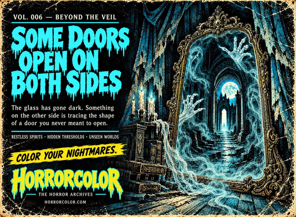 Back cover of Vol. 006, Beyond the Veil. Cyan dripping headline: "Some doors open on both sides." Text: "The glass has gone dark. Something on the other side is tracing the shape of a door you never meant to open." Taglines: restless spirits, hidden thresholds, unseen worlds. Artwork: an ornate gilded mirror showing a moonlit cathedral corridor, with ghostly hands and faces pushing through the glass beside candles and old books.