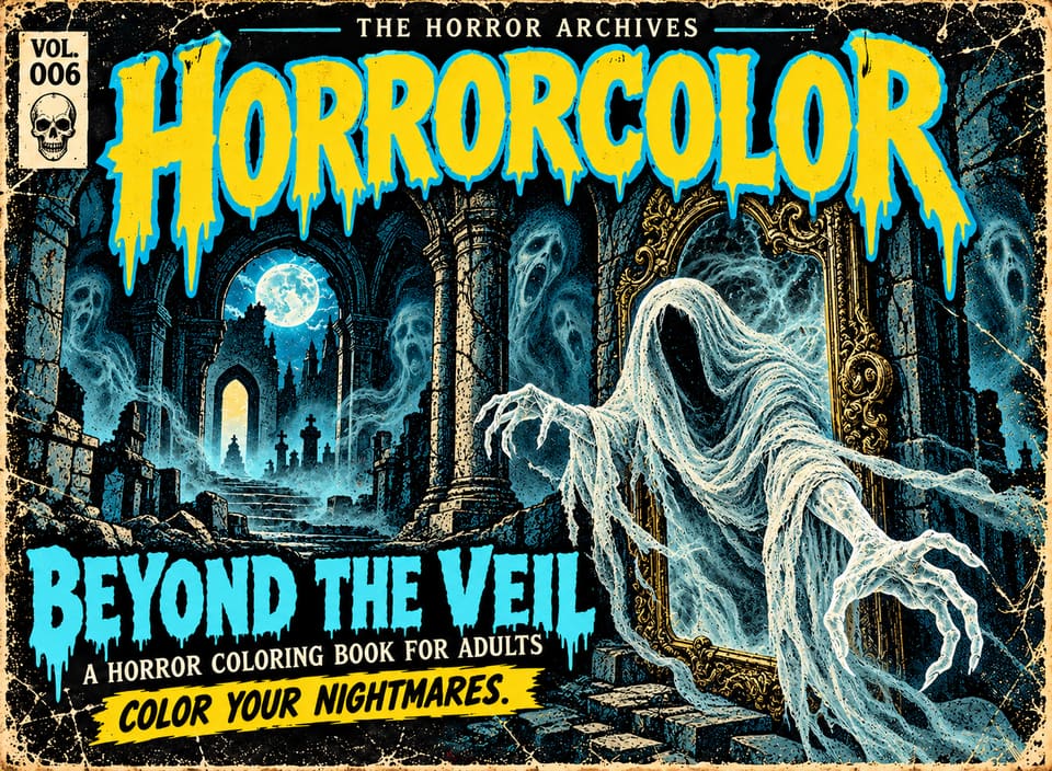 Front cover of THE HORROR ARCHIVES Vol. 006, Beyond the Veil: a shrouded white ghost with long clawed hands reaches out of a gilded mirror in a moonlit crypt, with more spectral faces drifting among the stone arches. Cyan-blue title lettering.