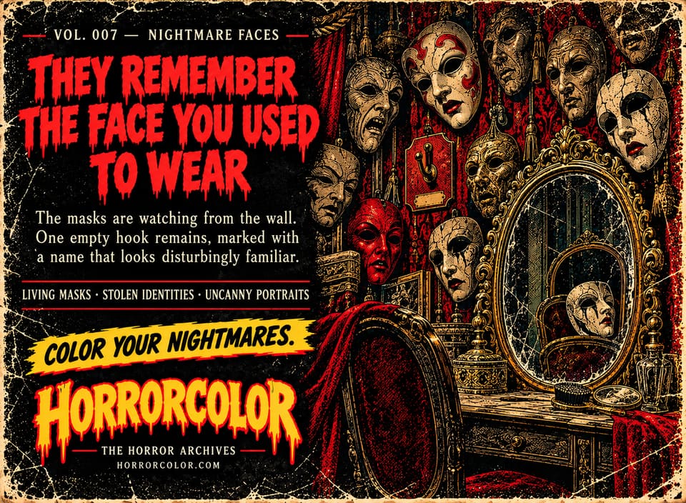Back cover of Vol. 007, Nightmare Faces. Red dripping headline: "They remember the face you used to wear." Text: "The masks are watching from the wall. One empty hook remains, marked with a name that looks disturbingly familiar." Taglines: living masks, stolen identities, uncanny portraits. Artwork: a red damask wall covered in staring theatrical masks above a dressing table with a cracked oval mirror reflecting a pale mask.