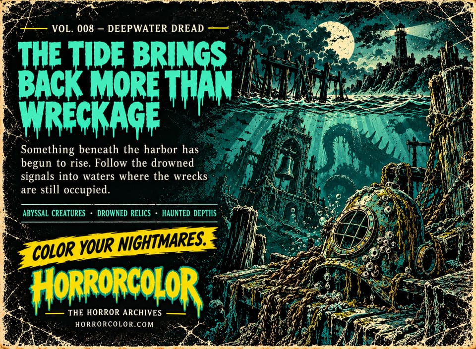 Back cover of Vol. 008, Deepwater Dread. Aqua dripping headline: "The tide brings back more than wreckage." Text: "Something beneath the harbor has begun to rise. Follow the drowned signals into waters where the wrecks are still occupied." Taglines: abyssal creatures, drowned relics, haunted depths. Artwork: a split view of a ruined pier and lighthouse above the waterline and, below, a sunken bell tower, a huge tentacle and a barnacled brass diving helmet in chains.