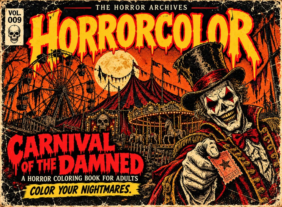 Front cover of THE HORROR ARCHIVES Vol. 009, Carnival of the Damned: a skull-faced ringmaster in a top hat holds out a ticket in front of a striped circus tent, a Ferris wheel and a lit carousel under an orange sky and full moon. Red title lettering.