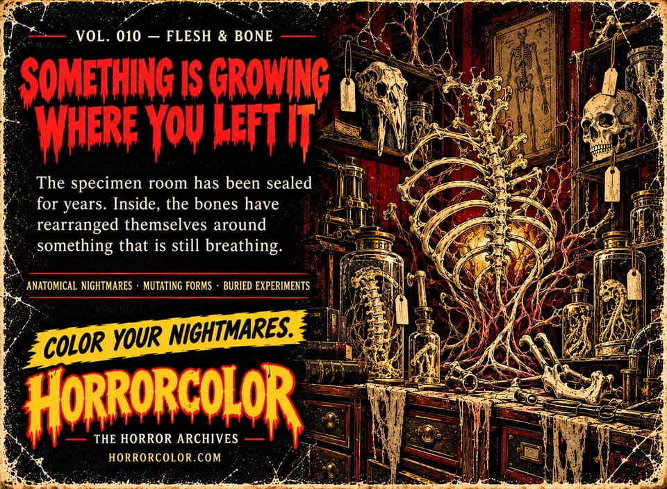 Back cover of Vol. 010, Flesh & Bone. Red dripping headline: "Something is growing where you left it." Text: "The specimen room has been sealed for years. Inside, the bones have rearranged themselves around something that is still breathing." Taglines: anatomical nightmares, mutating forms, buried experiments. Artwork: a specimen room of labelled skulls and jars, where a spine and ribcage overgrown with red veins rise around a glowing core.