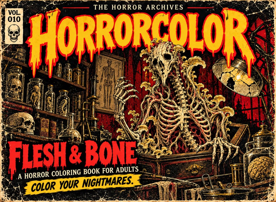 Front cover of THE HORROR ARCHIVES Vol. 010, Flesh & Bone: a fungus-covered skeleton with a bird-like skull rises from a crate in a laboratory lined with specimen jars, an anatomy chart, a desk lamp and a brain in a jar. Red title lettering.