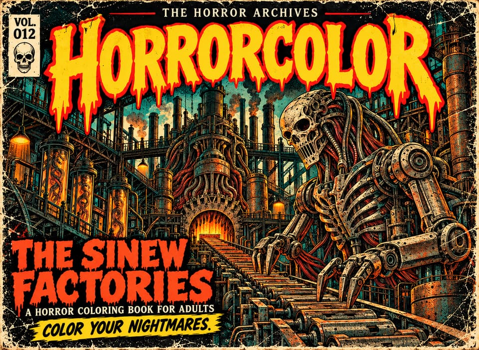 Front cover of THE HORROR ARCHIVES Vol. 012, The Sinew Factories: a giant mechanical skeleton laced with red sinew reaches over a conveyor belt in a vast factory, with a glowing furnace mouth, smoking chimneys and glass vats of tangled tissue behind it. Orange-red title lettering.