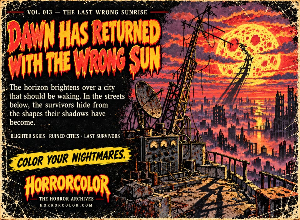 Back cover of Vol. 013, The Last Wrong Sunrise. Orange dripping headline: "Dawn has returned with the wrong sun." Text: "The horizon brightens over a city that should be waking. In the streets below, the survivors hide from the shapes their shadows have become." Taglines: blighted skies, ruined cities, last survivors. Artwork: a rooftop radio station with a satellite dish and a collapsing antenna mast above a ruined city, under a vast cratered, burning sun.